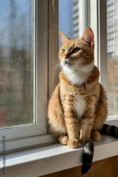 Obraz a cat sitting on a windowsill, watching birds outside.