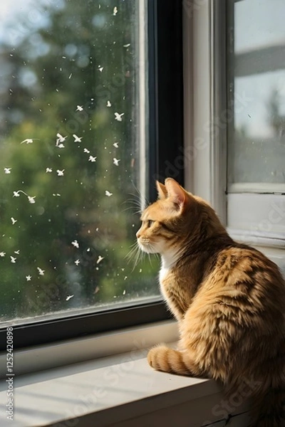 Obraz a cat sitting on a windowsill, watching birds outside.