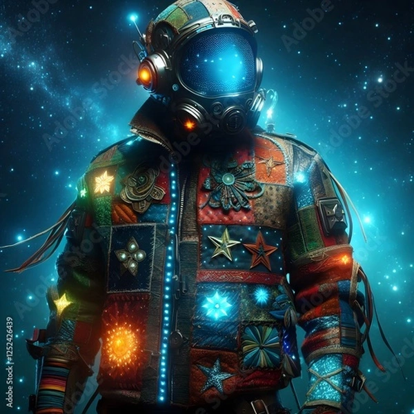 Obraz A space explorer wearing a sleek, transparent helmet, with a reflective visor that mirrors the nebulae in the background