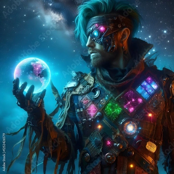 Obraz A futuristic space pirate, wearing a patchwork outfit made from glowing, celestial materials that change colors based on the stars