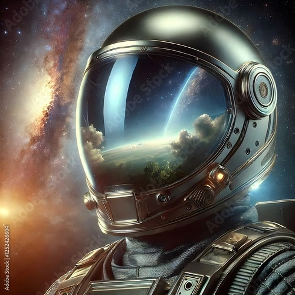 Obraz A space explorer wearing a sleek, transparent helmet, with a reflective visor that mirrors the nebulae in the background