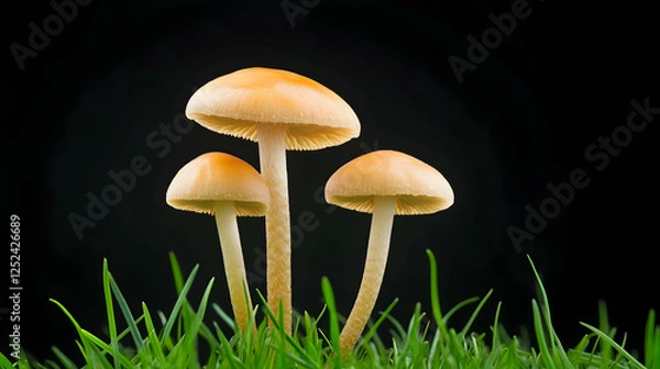 Fototapeta Three mushrooms in grass on black background.  Possible use Educational image of fungi