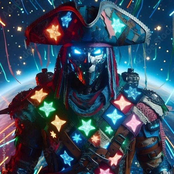 Obraz A futuristic space pirate, wearing a patchwork outfit made from glowing, celestial materials that change colors based on the stars