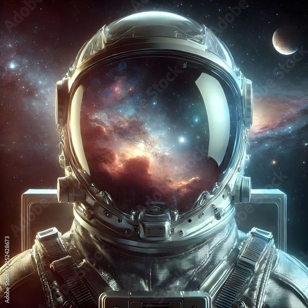 Obraz A space explorer wearing a sleek, transparent helmet, with a reflective visor that mirrors the nebulae in the background