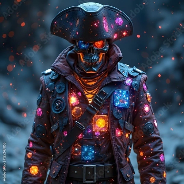 Obraz A futuristic space pirate, wearing a patchwork outfit made from glowing, celestial materials that change colors based on the stars