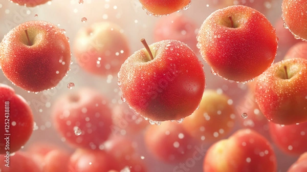 Fototapeta Floating Fresh Red Apples with Water Droplets in Motion