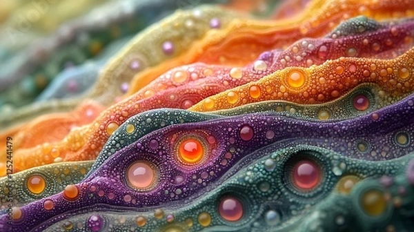 Fototapeta Luminous beads resting on a dynamic textured landscape with a blend of intense colors