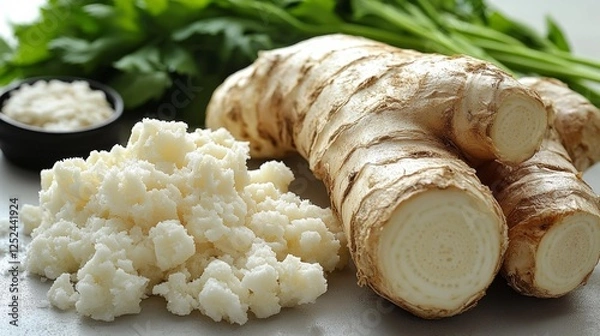 Fototapeta Fresh horseradish roots and grated pieces with parsley on a light surface. Generative AI