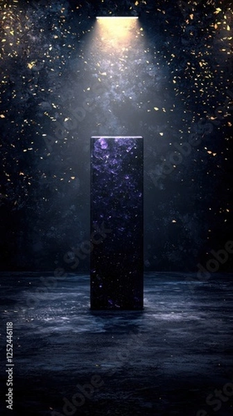 Fototapeta Mysterious monolith illuminated by spotlight studio setting digital art dark environment close-up view abstract concept