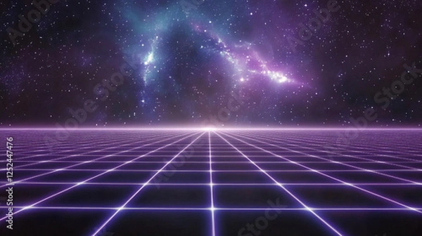 Fototapeta Futuristic retro 80s video game background with glowing blue grid streaking through cosmic space Symbolizes nostalgia innovation digital evolution and limitless possibilities Blank space for text

