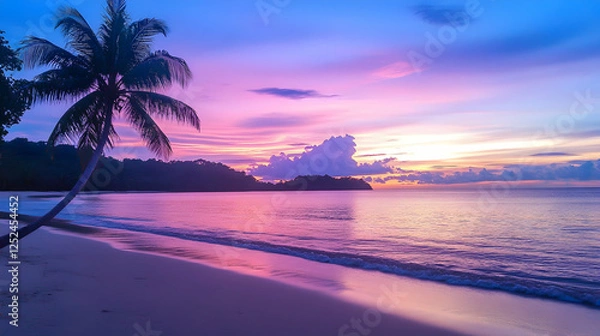 Fototapeta Tropical beach sunset silhouette, calm ocean, vibrant colors. Possible use  Background, wallpaper, travel ads