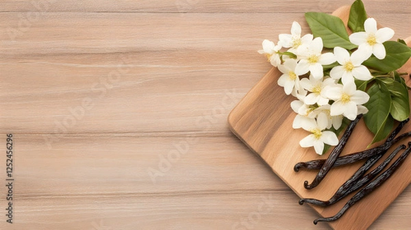Obraz Vanilla beans and flowers on wooden board