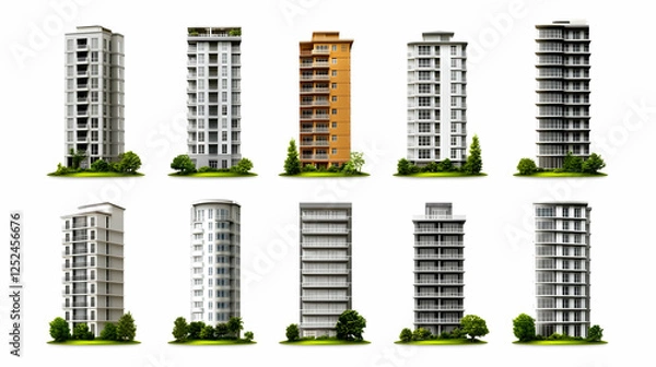 Fototapeta Various apartment buildings, urban design, digital illustration, for architectural presentation, possible use in real estate marketing