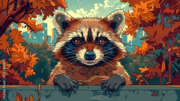 Fototapeta A raccoon peering over a fence amidst autumn foliage and a city skyline.