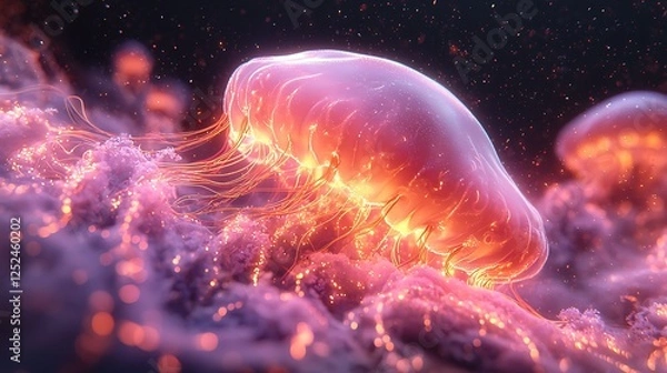 Fototapeta Glowing jellyfish in deep ocean, cosmic dust background, science fiction art, perfect for fantasy themed projects.