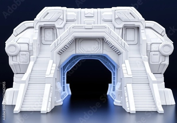 Fototapeta Futuristic White Architectural Structure with Staircase Gateway and Interior Lighting Effects