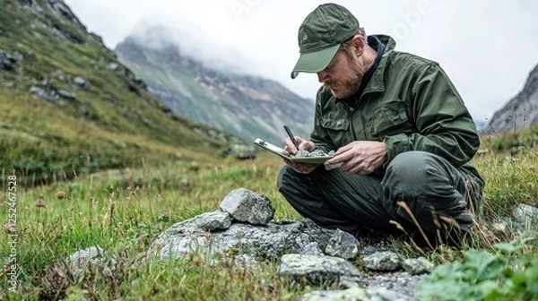 Obraz A man in a green jacket and cap sits on rocks in a grassy valley, taking notes as he observes the natural surroundings in a mountainous area.