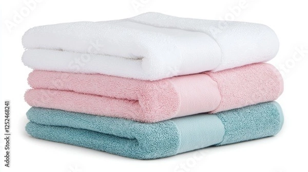 Obraz Soft, stacked towels in white, pink, and teal colors create a cozy bathroom aesthetic, ideal for relaxation and comfort.