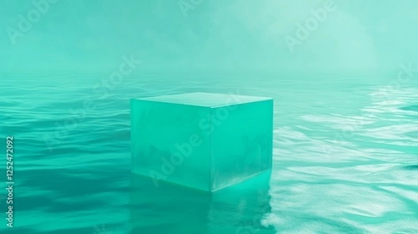 Fototapeta Frosted Glass Cube Floating on Water with Reflection Effects