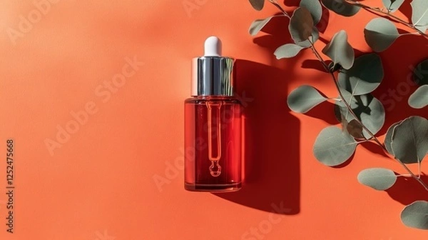 Fototapeta Red glass dropper bottle with silver lid, eucalyptus shadow, soft light, clean orange background. Minimalist elegance in natural simplicity.
