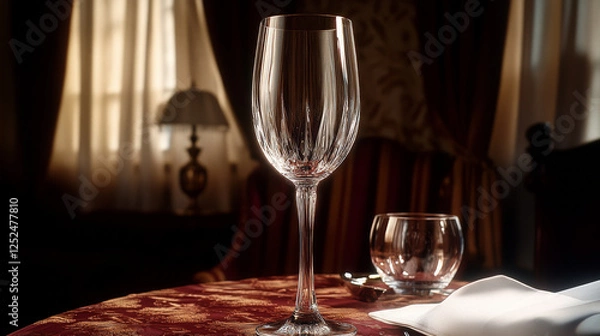 Obraz beautifully crafted crystal wine glass on elegant table setting, reflecting light in luxurious room. ambiance is warm and inviting, perfect for fine dining