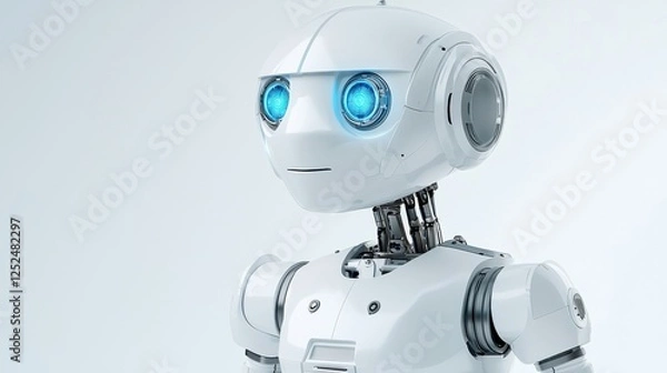Obraz A futuristic robot with bright blue eyes stands against a minimalist background, showcasing advanced design and technology.