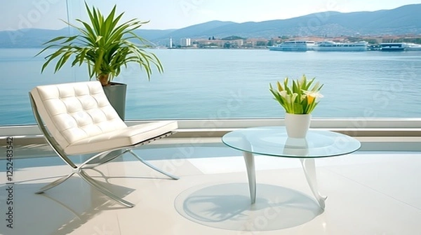 Fototapeta Modern chair and glass table with ocean view.