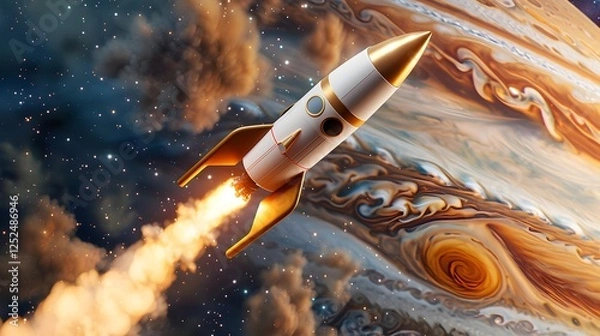 Fototapeta Powerful Rocket Launching Into Colorful Cloudy Sky Above Jupiter
