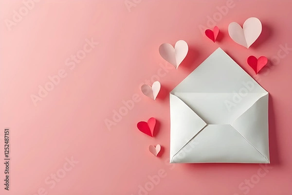 Obraz love letter envelope with paper craft hearts - flat lay on pink valentines or anniversary background with copy space