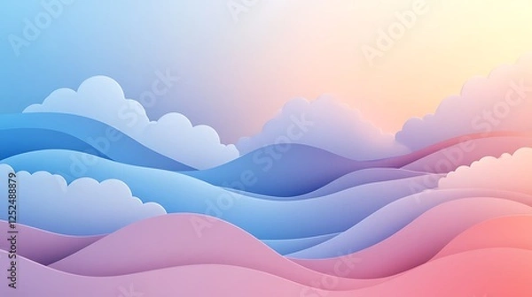 Fototapeta Pastel Landscape with Rolling Hills and Fluffy Clouds