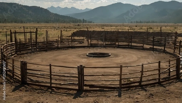 Fototapeta A forgotten rodeo arena surrounded by wilderness, with weathered wooden rails