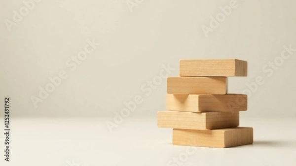 Fototapeta Simple Wooden Blocks Stacked on a Neutral Background, Representing Stability and Growth