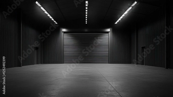 Fototapeta Dark warehouse interior, large roll-up door, empty floor, industrial background, perfect for storage concepts