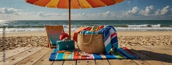 Fototapeta A lively beach setting with vibrant beach towels, a beach umbrella, flip-flops, and a beach bag