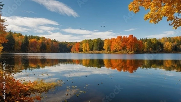 Fototapeta A peaceful autumn landscape with vibrant orange and yellow leaves, a calm lake reflecting the colorful trees