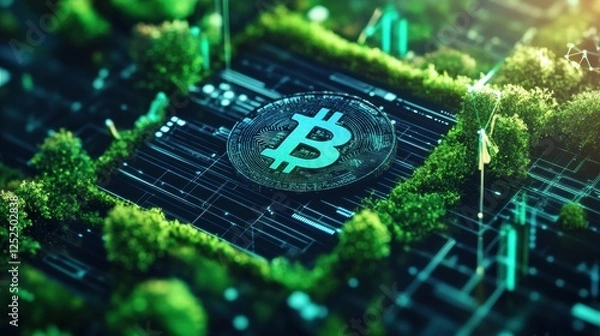 Obraz Blockchain-powered environmental impact tracking system, decentralized sustainability data, digital interface with futuristic HUD elements, cyber-tech aesthetic