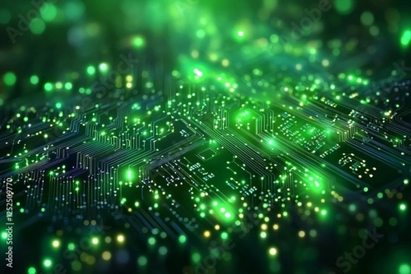 Fototapeta A green computer chip with many small lights on it. Background Isolate of teachnology.