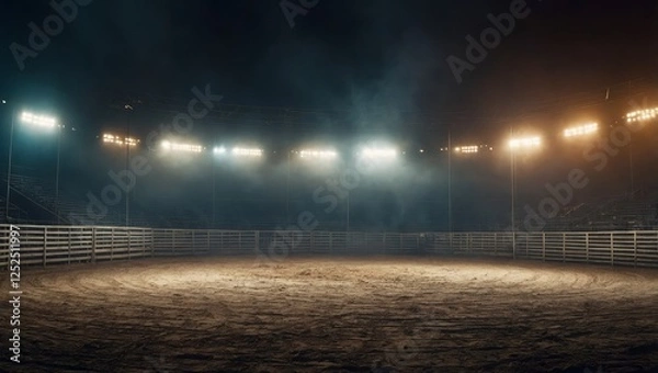 Fototapeta A quiet and empty rodeo arena filled with smoke under blindingly bright lights, highlighting a haunting 