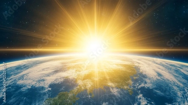 Fototapeta Bright Sunrise Illuminating Planet Earth From Space Depicting A New Dawn And Global Perspective.