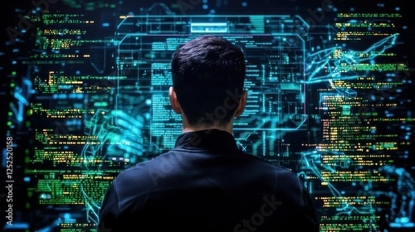 Obraz Man Concentrated On Computer Screens With Code