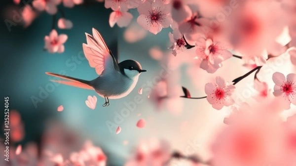 Fototapeta Bird in ethereal flight among sakura blossoms, springtime serenity scene