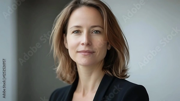 Fototapeta Portrait of a confident woman with shoulder-length light brown hair, wearing a black blazer, looking directly at the camera with a calm expression.