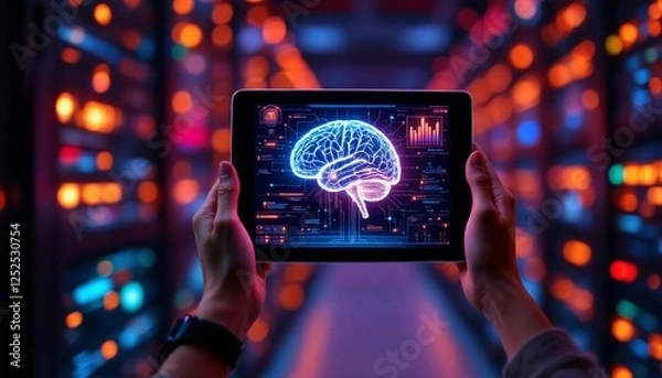 Fototapeta Neurological Insights, Analyzing Brain Data on Tablet within Data Center