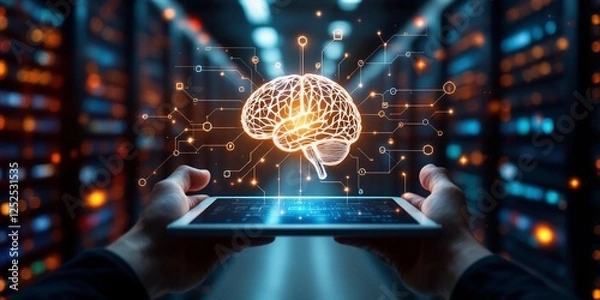 Obraz Human hands hold a tablet displaying a digital brain in data center