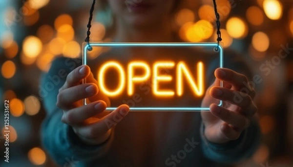 Fototapeta Illuminated Neon Open Sign Held by Person against Bokeh Background