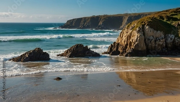 Fototapeta Peaceful seals rest on warm sand beneath Cornwall’s towering coastal cliffs.

