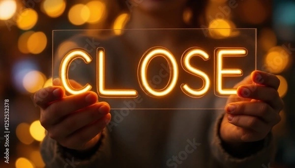 Fototapeta Illuminated Closure, Holding a Bright Neon Sign Announcing Closing Time