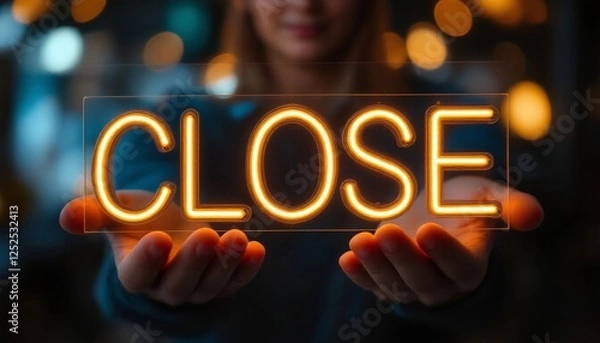 Fototapeta Illuminated Transparency, A Person Holding a Glowing 'CLOSE' Sign