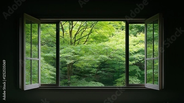 Fototapeta Open Window Showing Lush Green Trees