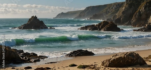 Fototapeta Cornwall shoreline with seals lounging, wild cliffs and ocean surf in the background.

